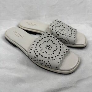 Ted Baker Clovei Ivory Leather Laser Cut Scalloped Flat Slide Sandals 37‎ US 7